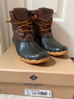 Sperry Brown Leather & Black Rubber Kids Duck Boots with Tan Sole